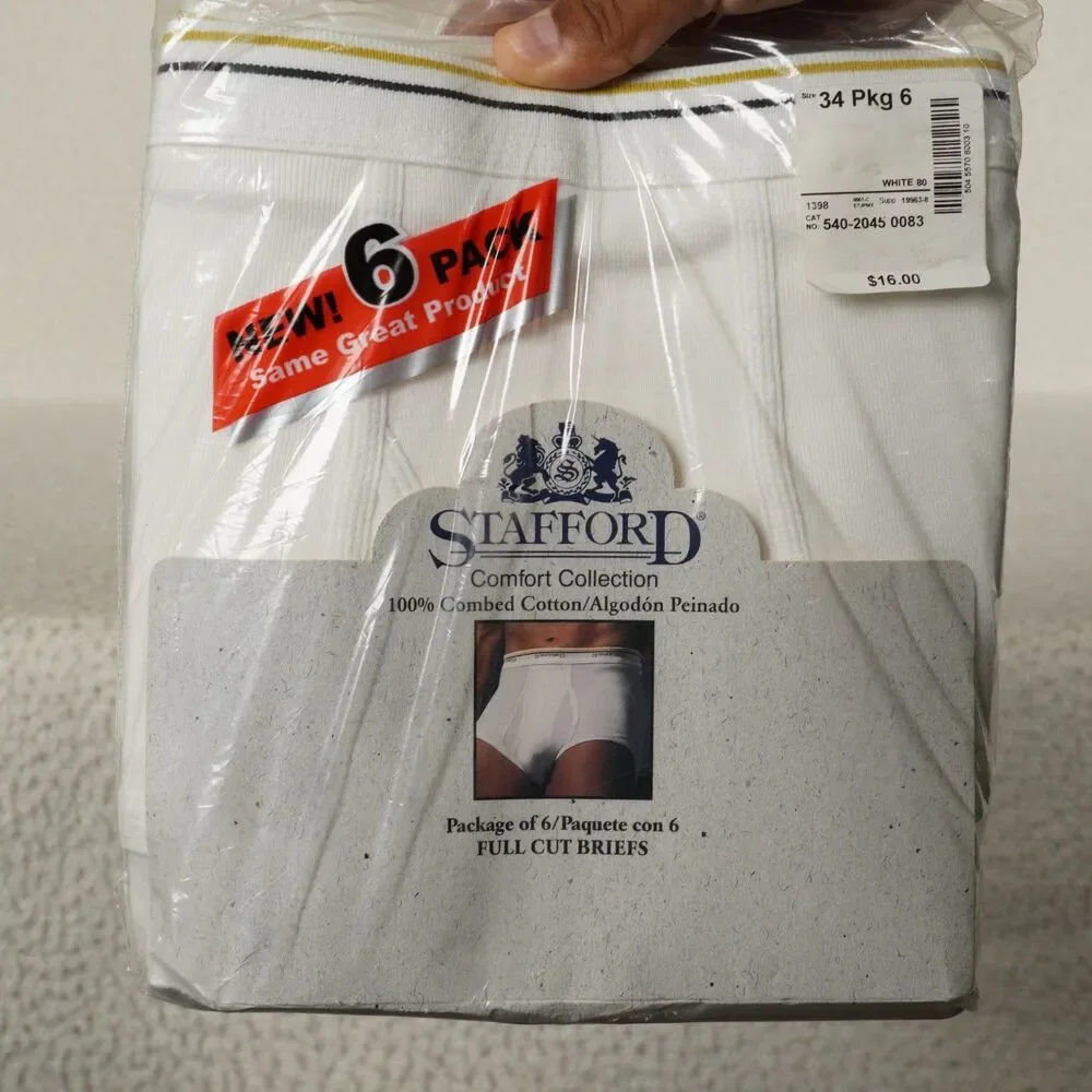 Vintage Stafford Full Cut Briefs Mens 34 6-Pack White Comfort Collection Cotton
